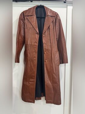 Vintage 70s Classic Brown Leather Trench Coat - Women
